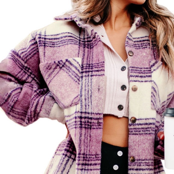 🍁 Thick Purple Medley Plaid Double Chest Pockets Fleece Jacket-I Went 1/2 Price! - Picture 3 of 16